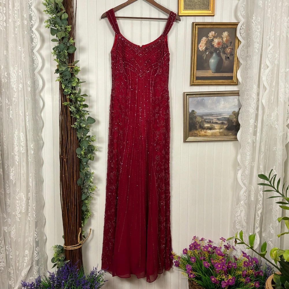 Alyce Designs Gown Womens 6 Red Good Beaded Silk Formal Evening Dress